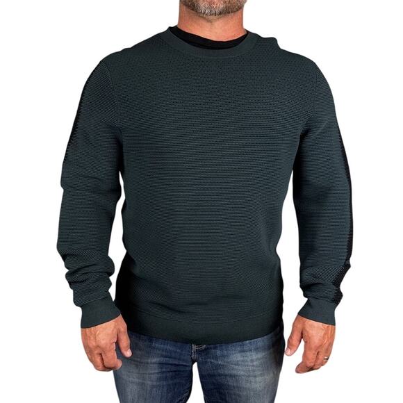 Reiss Men’s Iowa Textured Crewneck Sweater Emerald Green Black Stripe XL NWOT - Picture 1 of 8